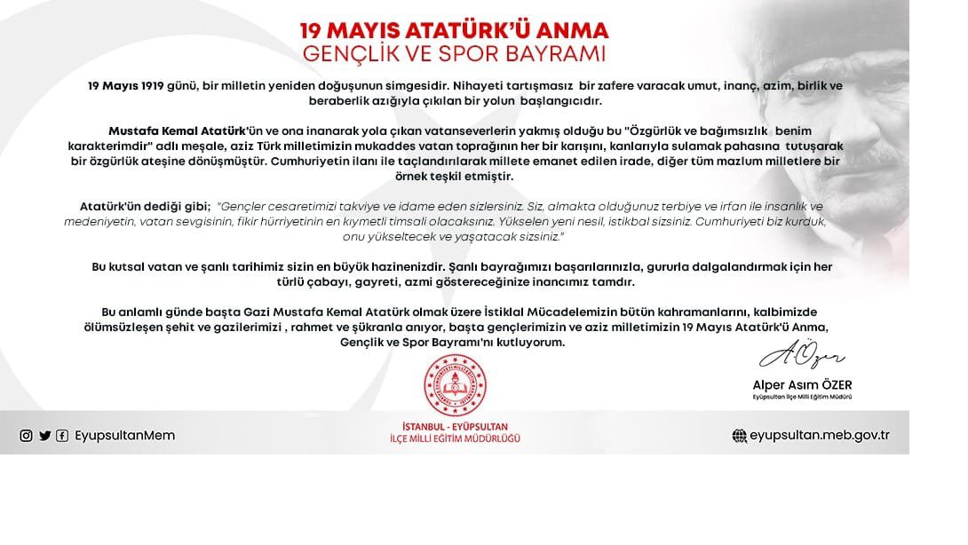 19 Mayıs Atatürk'ü Anma Gençlik ve Spor Bayramı Mesajı 